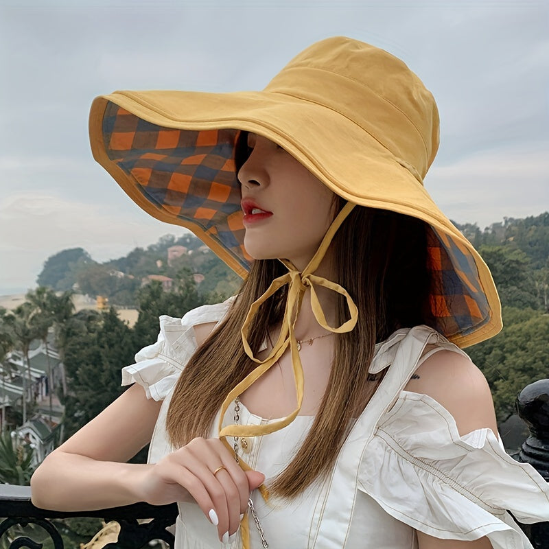 Wide Brim Sunscreen Bucket Hat Lace Up UV Protection Basin Hat