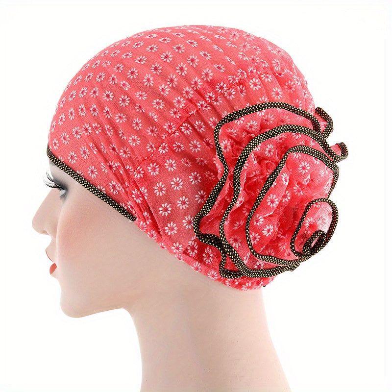 Plate Flower Turban Cap Embroidery Elastic Head Wrap Lightweight