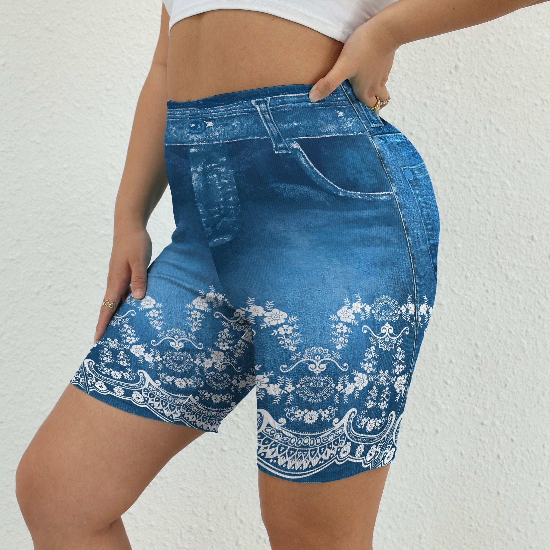 Denim Print High Waist Leggings Casual Leggings for Spring & Summer