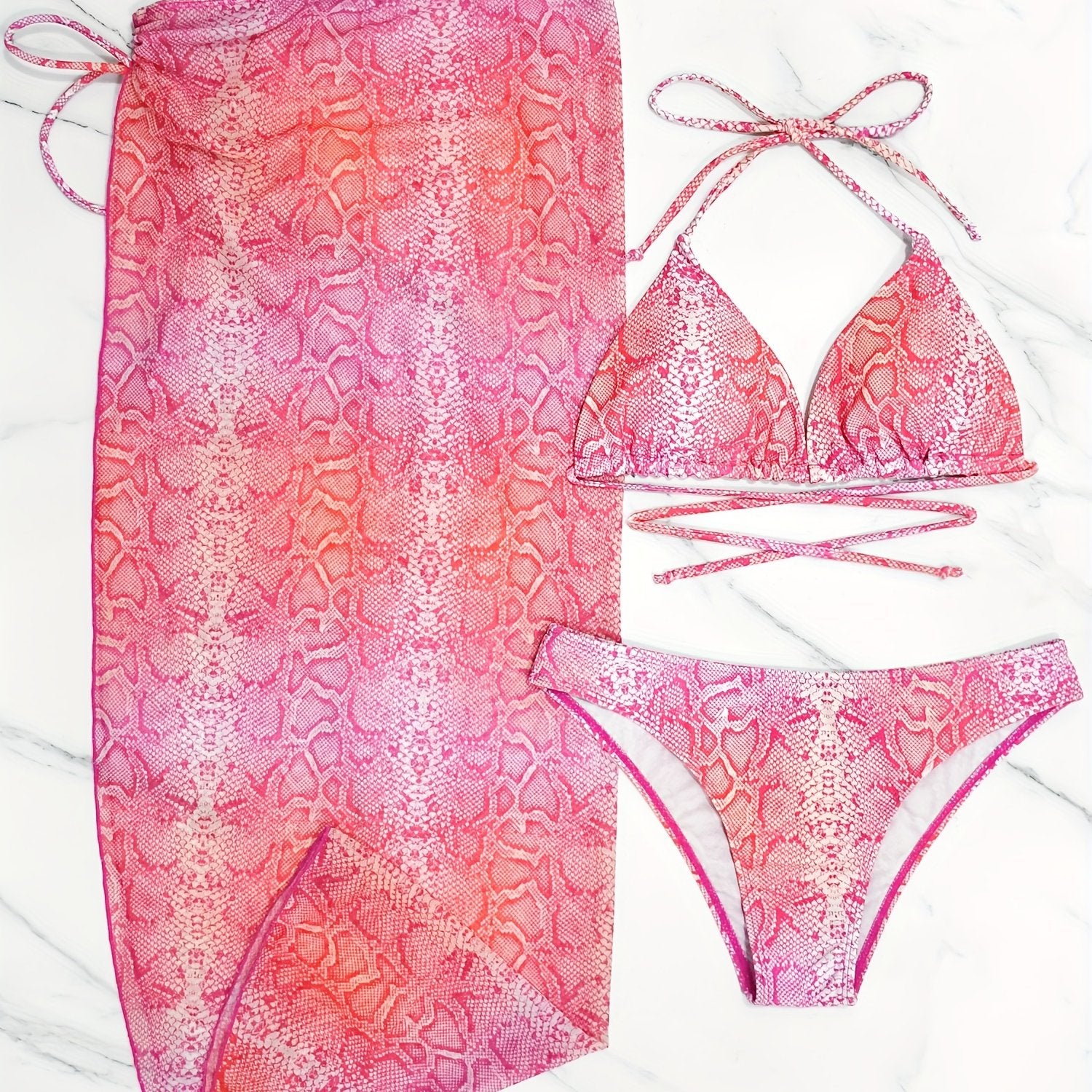 Snakeskin Print Bikini Set with Cover Up Skirt Swimsuit