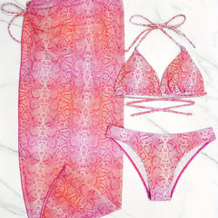 Snakeskin Print Bikini Set with Cover Up Skirt Swimsuit