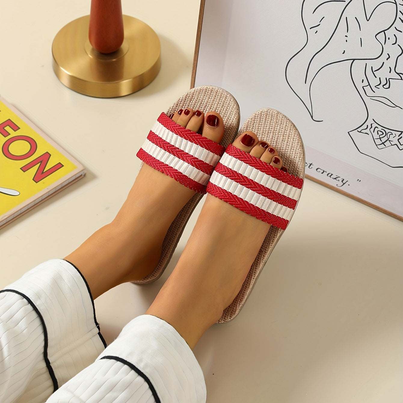 Women's Striped Linen Slides Breathable Open Toe Non Slip Shoes