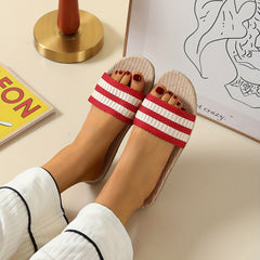 Women's Striped Linen Slides Breathable Open Toe Non Slip Shoes