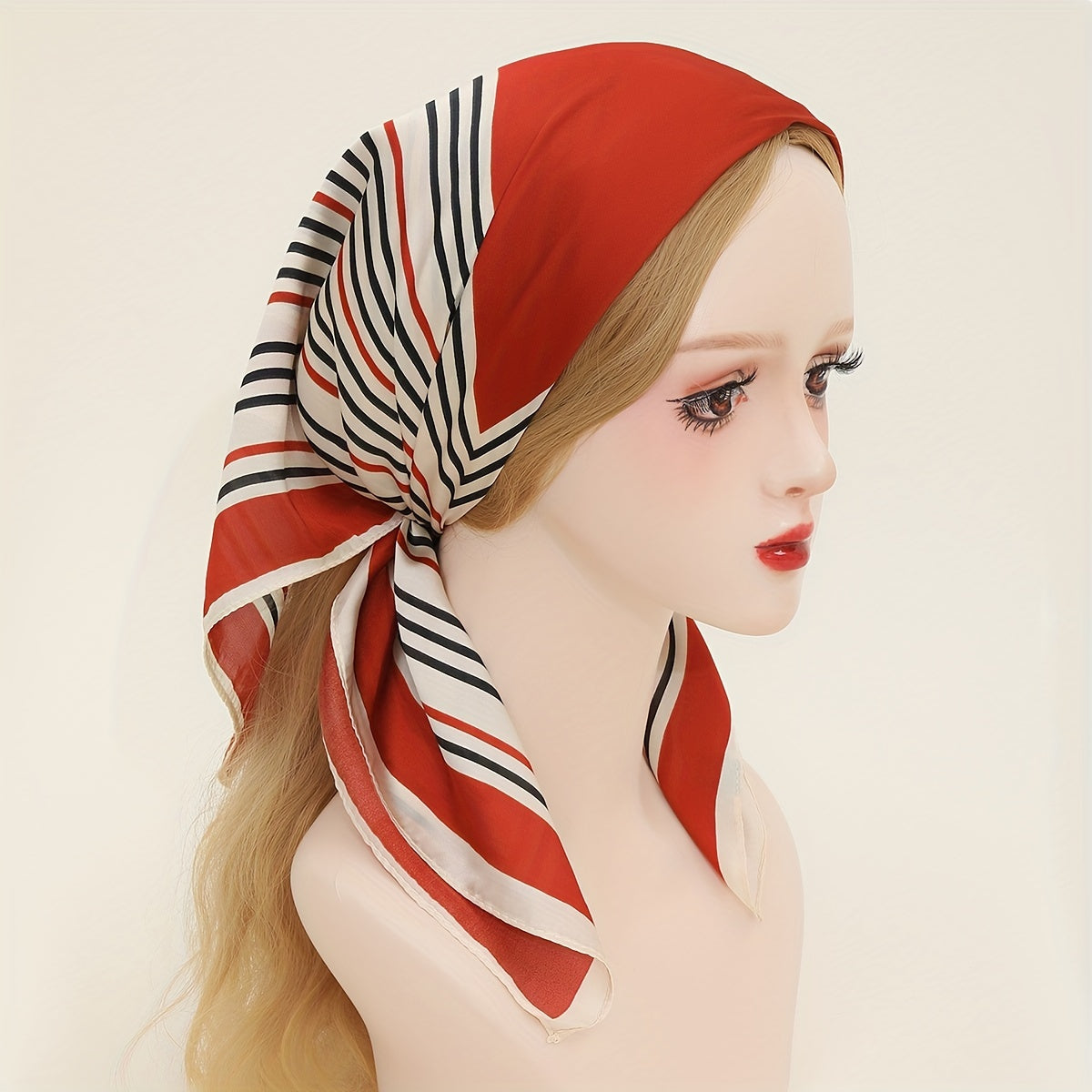 Orange Striped Print Bandana Shawl Satin Square Scarf For Women