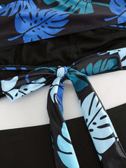 Leaf Print Swimsuit Set V Neck Crop Top & Ruched Panty Two Piece Set