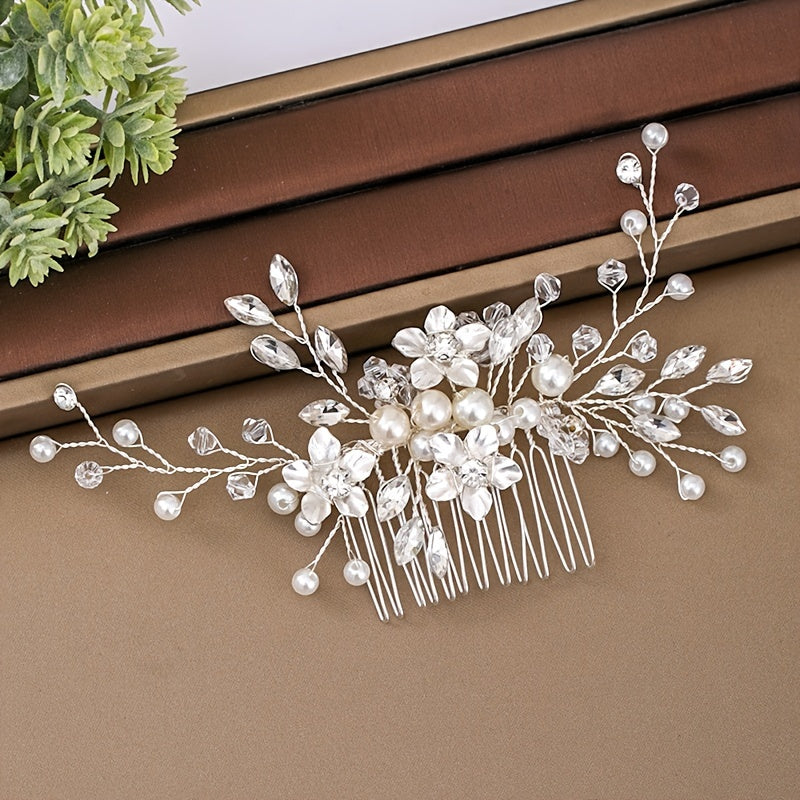 Silvery Flower Hair Comb Faux Pearl Rhinestone Bride Wedding Accessories