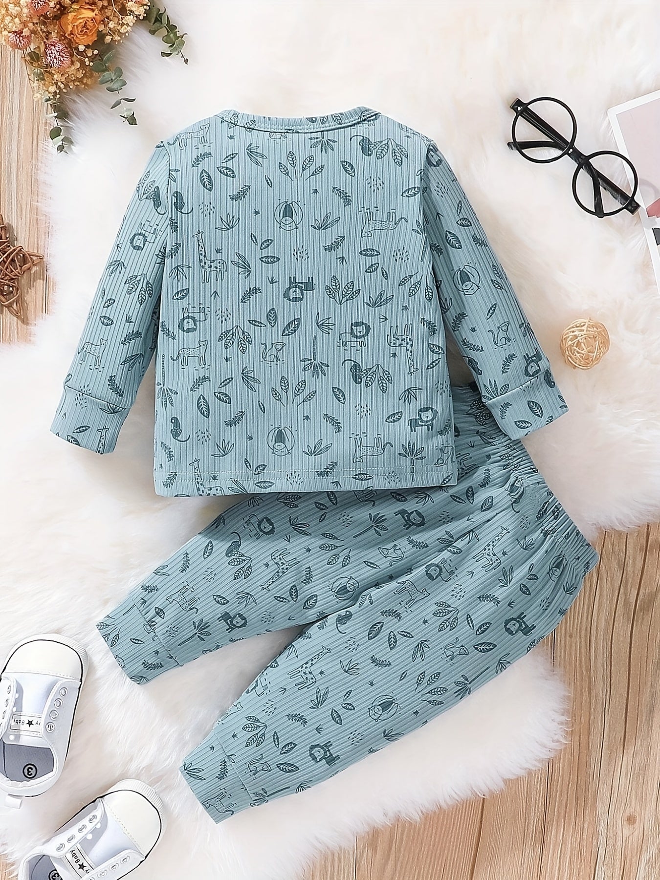 Baby Boys Cartoon Print Top & Trousers 2pcs Round Neck Button Casual Clothes