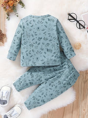 Baby Boys Cartoon Print Top & Trousers 2pcs Round Neck Button Casual Clothes