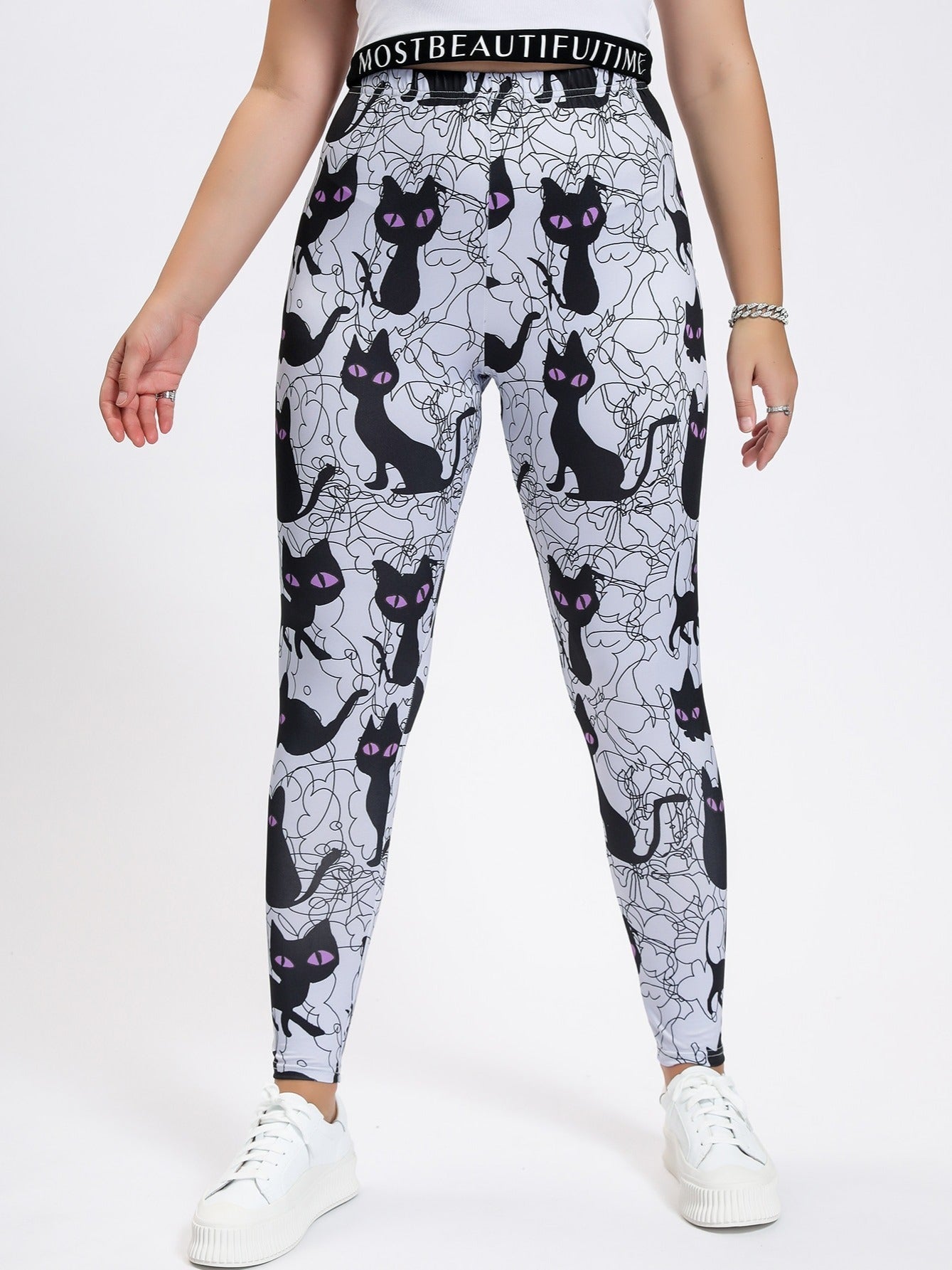 Cat Print High Waist Leggings Women's Plus High Stretch Casual Leggings