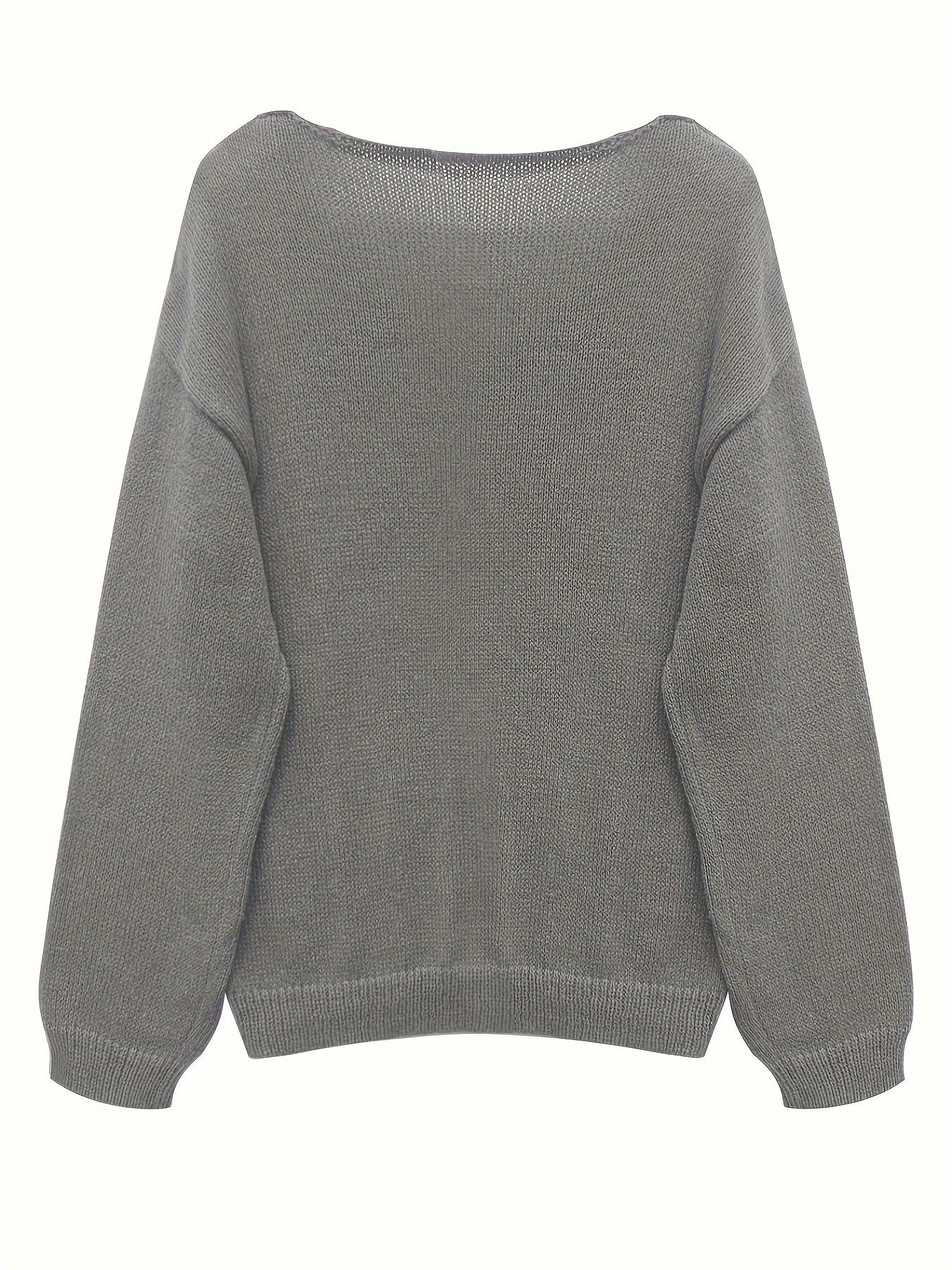 Solid V Neck Sweater Long Sleeve Loose Fit Pullover