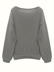 Solid V Neck Sweater Long Sleeve Loose Fit Pullover