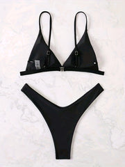 Solid Triangle Spaghetti Straps 2 Piece Set Bikini Swimsuit