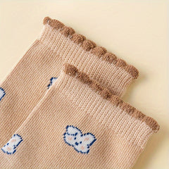 5 Pairs Girl's Knitted Crew Socks Cotton Blend Comfy Breathable Soft