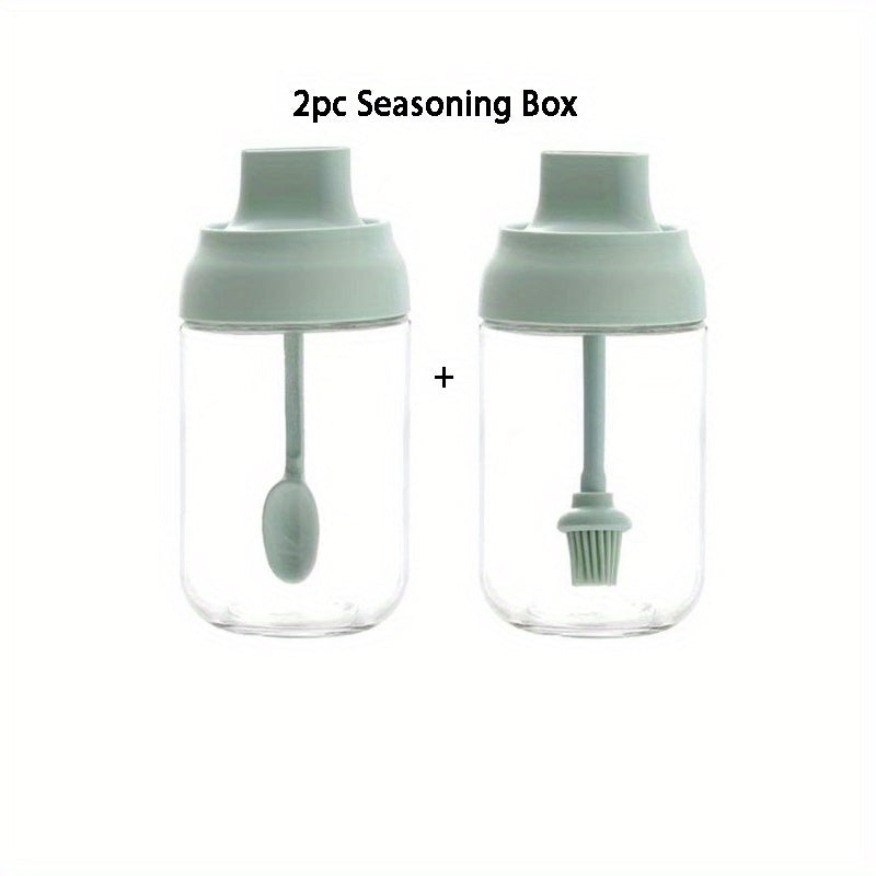 2pcs Glass Seasoning Box Spice Jar Salt Sugar Condiment Pot with Spoon Seal Kit