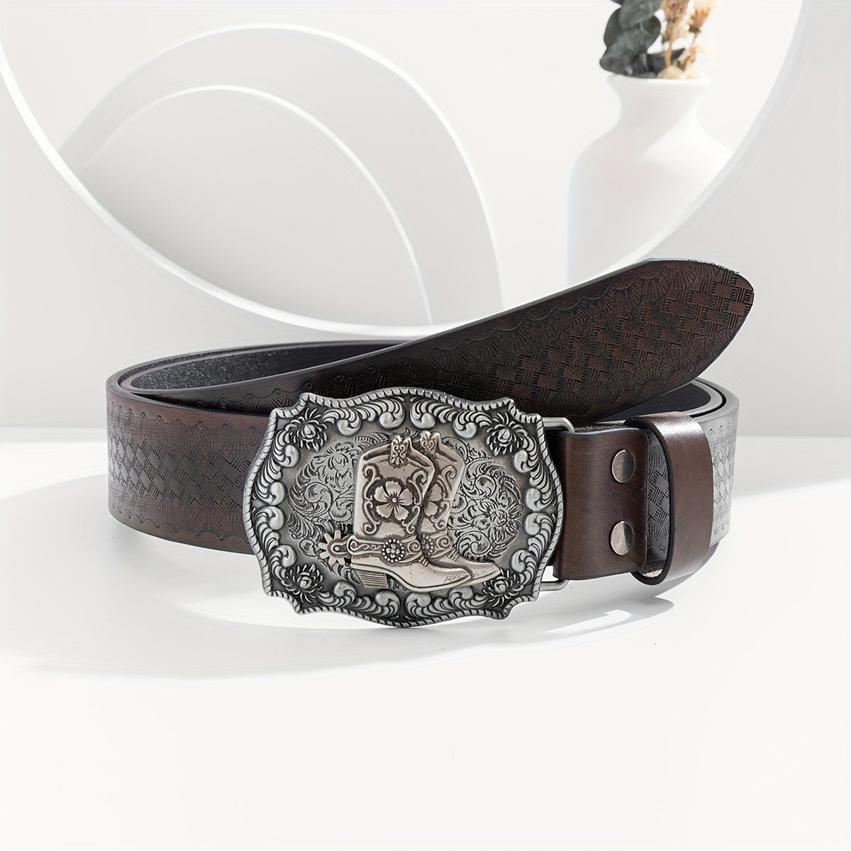 Men's Floral PU Leather Boost Belt Casual Jeans Cowboy Waist Strap