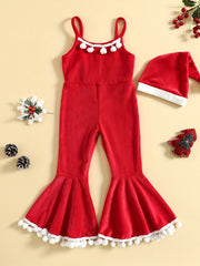 2pcs Girls' Christmas Jumpsuit Sleeveless Flannel Romper Set