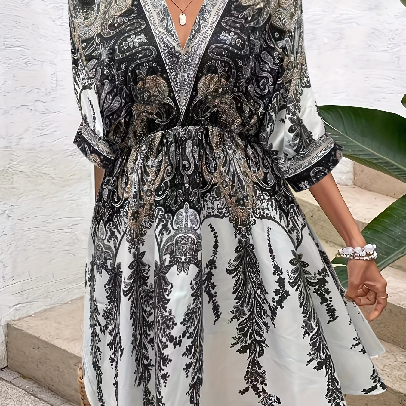 Boho Dress Women's Plus Paisley Print V Neck Dress