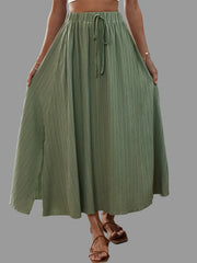 Solid Textured Pleated Drawstring Ankle Skirt