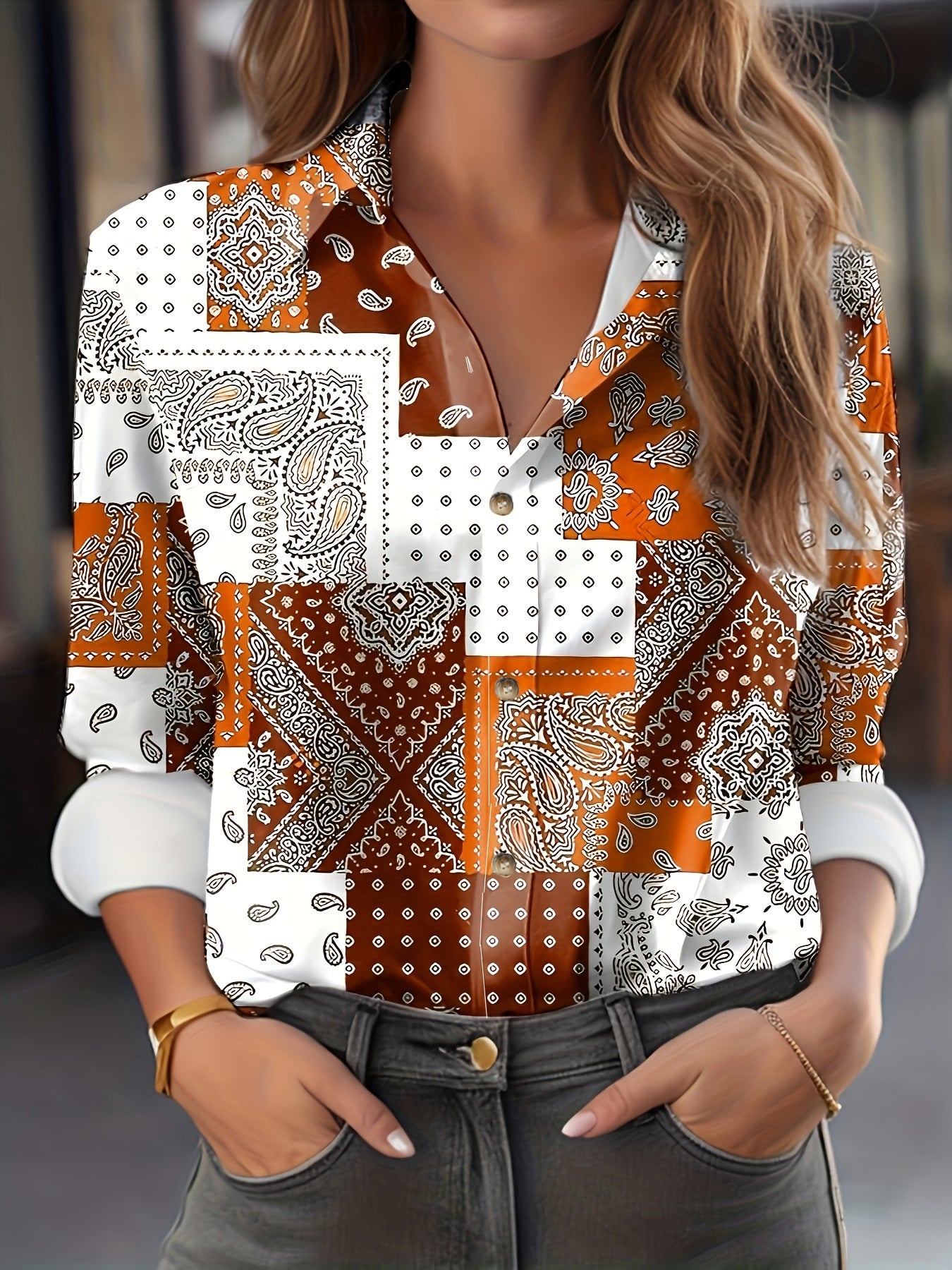 Women's Plus Size Scarf Print Button Up Boho Blouse