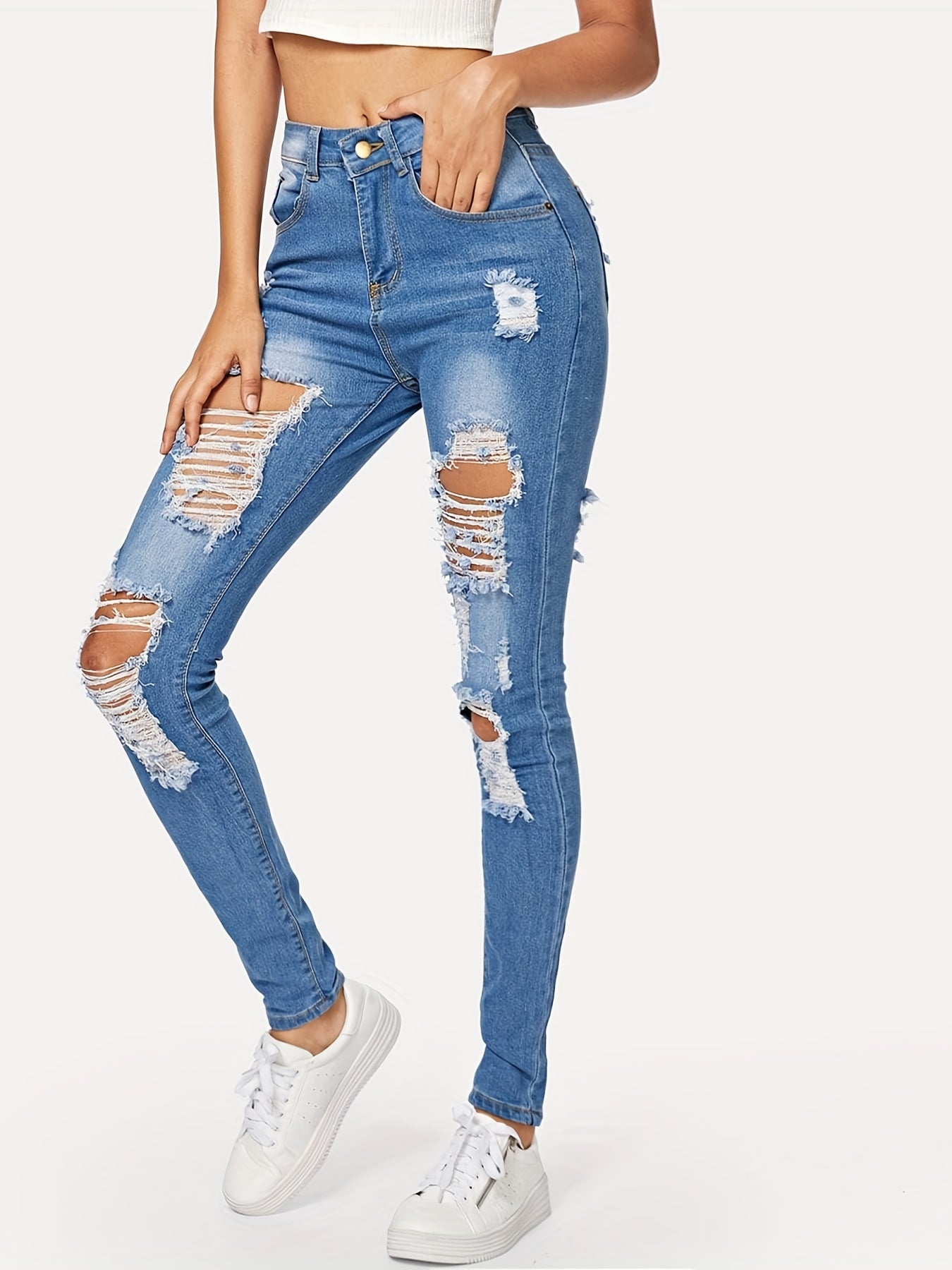 Distressed High Stretch Skinny Jeans Slim Fit Denim Pants