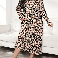 Leopard Print Long Sleeve Round Neck Nightdress