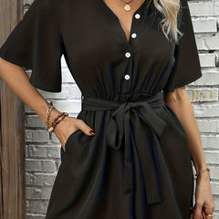 Women's Plus Size Solid V Neck Romper with Pockets & Belt