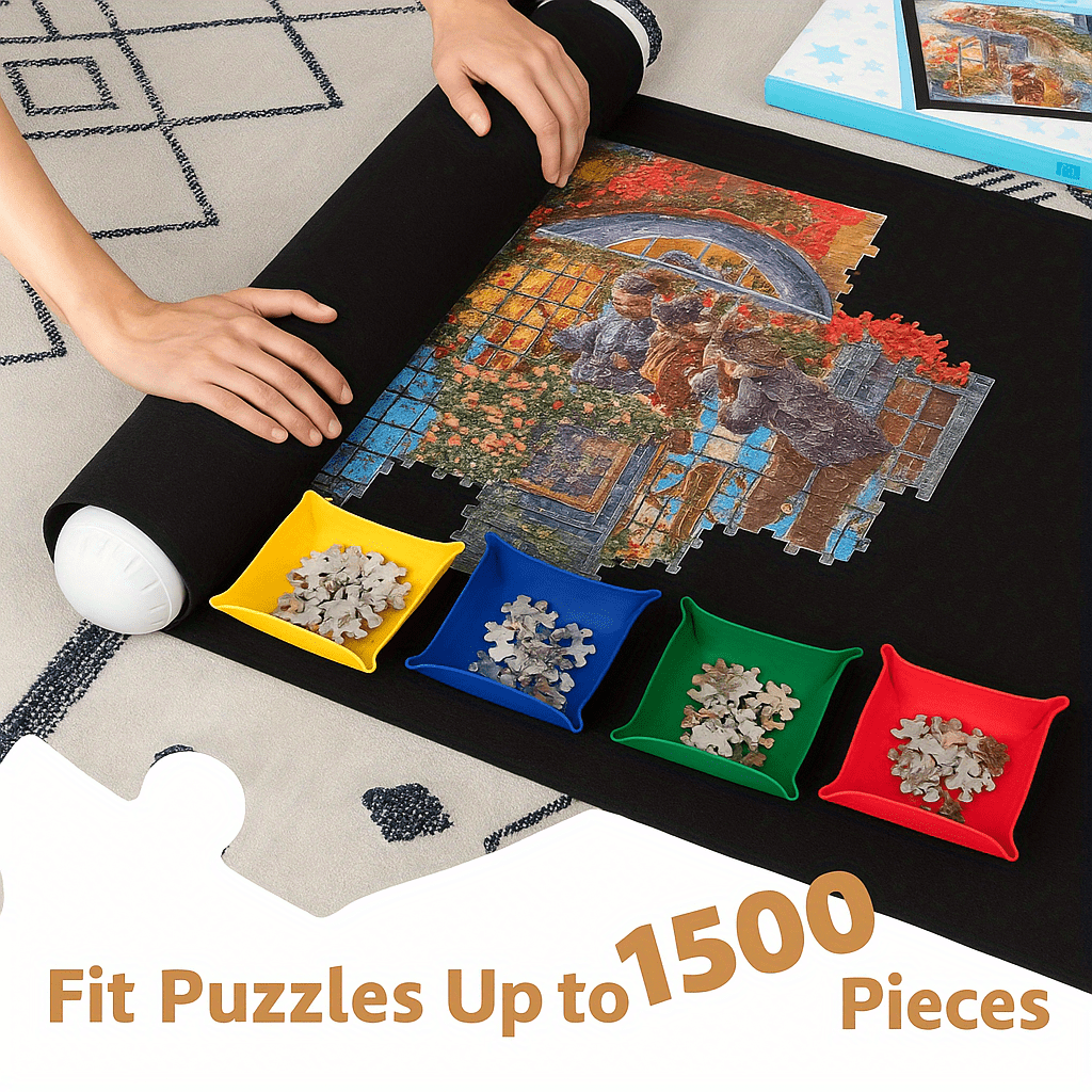 Portable Jigsaw Puzzle Mat Roll with Sorting Trays & Storage Bag
