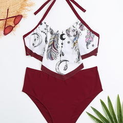 Moon Print Halter Neck Top & Panties Swimsuit Set Women's Plus Size 2pcs Set