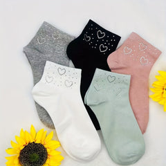 5 Pairs Heart Rhinestone Socks Comfy Crew Short Socks Women's Stockings
