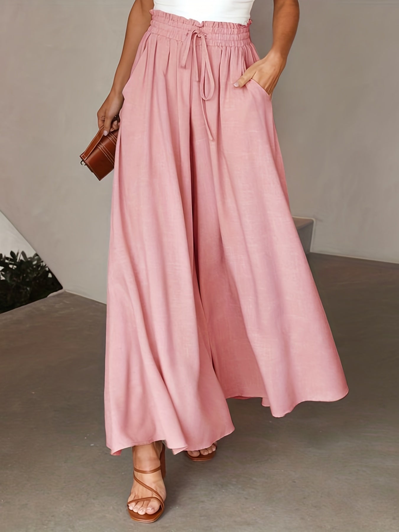 Solid Drawstring Culottes Wide Leg Pants Women's Clothing