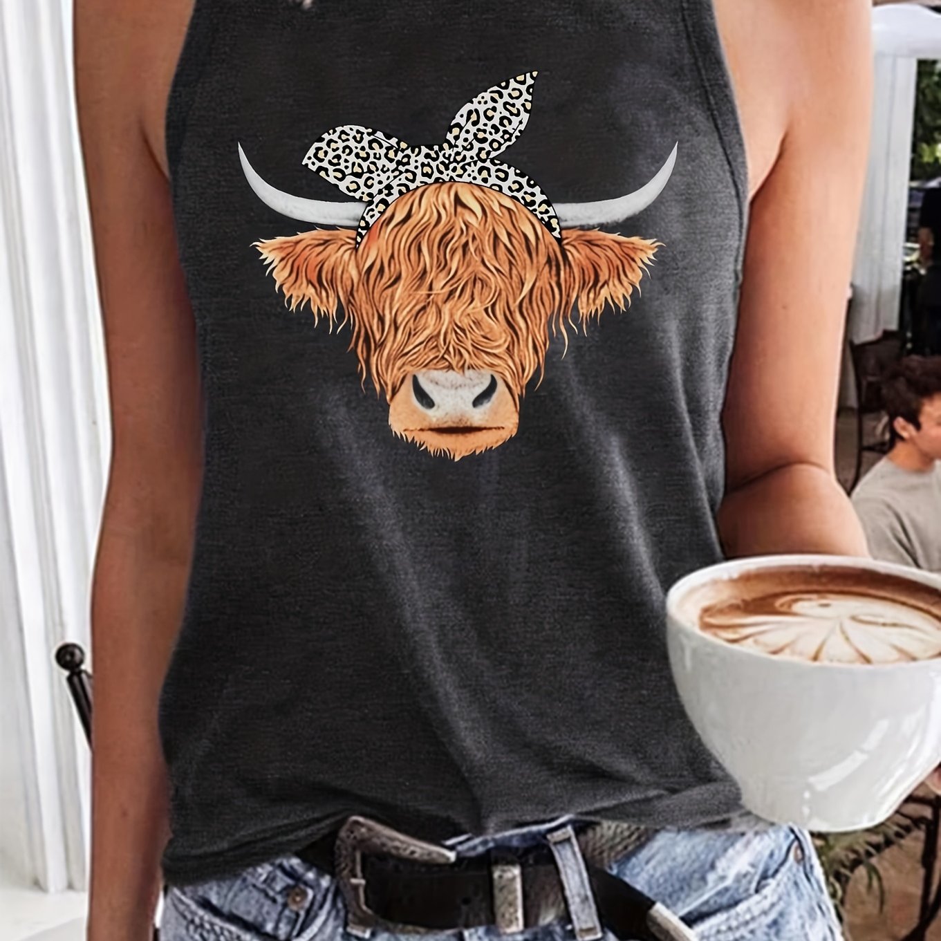 Cow Head Print Crew Neck Tank Top Sleeveless Casual Summer Women's Top