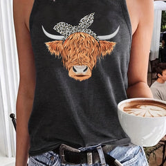 Cow Head Print Crew Neck Tank Top Sleeveless Casual Summer Women's Top