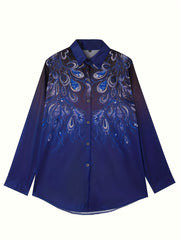 Peacock Print Ombre Button Up Long Sleeve Lapel Collar Shirt Top
