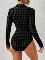 Houndstooth Print Solid Bodysuit Sexy Slim Long Sleeve