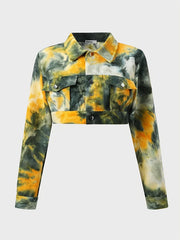 Tie Dye Crop Jacket Lantern Sleeve Casual Outerwear