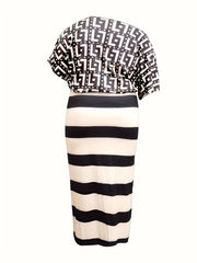 One Shoulder Short Sleeve Tee & Striped Skirt Set