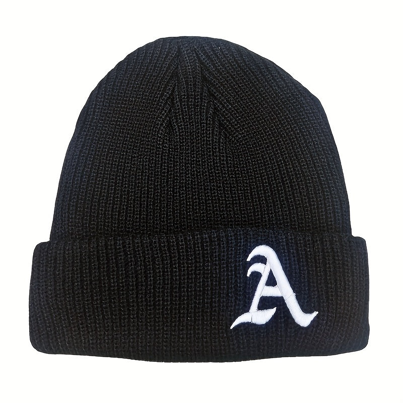 Windproof Knit Beanie Hat Embroidered with Letter A