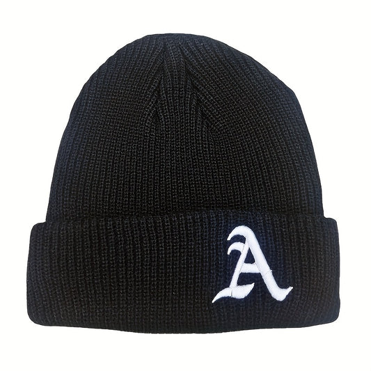 Windproof Knit Beanie Hat Embroidered with Letter A