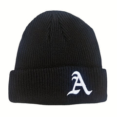 Windproof Knit Beanie Hat Embroidered with Letter A