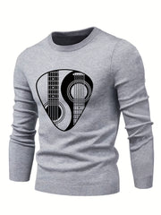 Men's Instrument Print Knitted Sweater Active Mid Stretch Slim Fit Warm Pullover