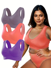 3 Pack Plus Size Sports Bra Set Women's Plus Ruched Medium Stretch Bra 3pcs Set
