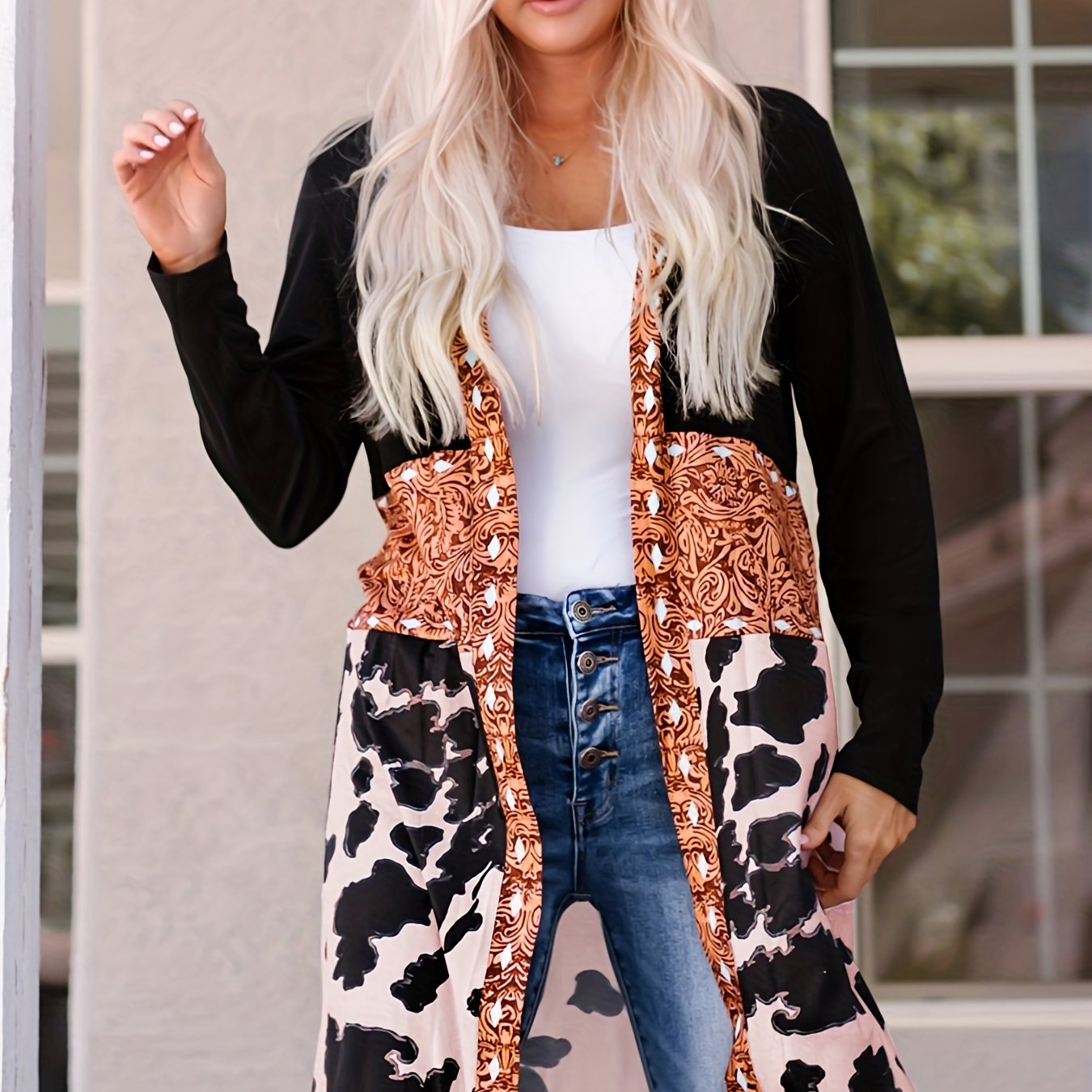 Cow Print Patchwork Open Front Jacket