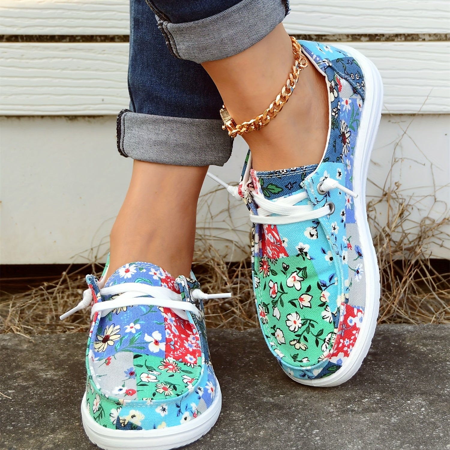 Flower Patchwork Boat Shoes Lace Up Anti slip Walking Shoes Women's Footwear
