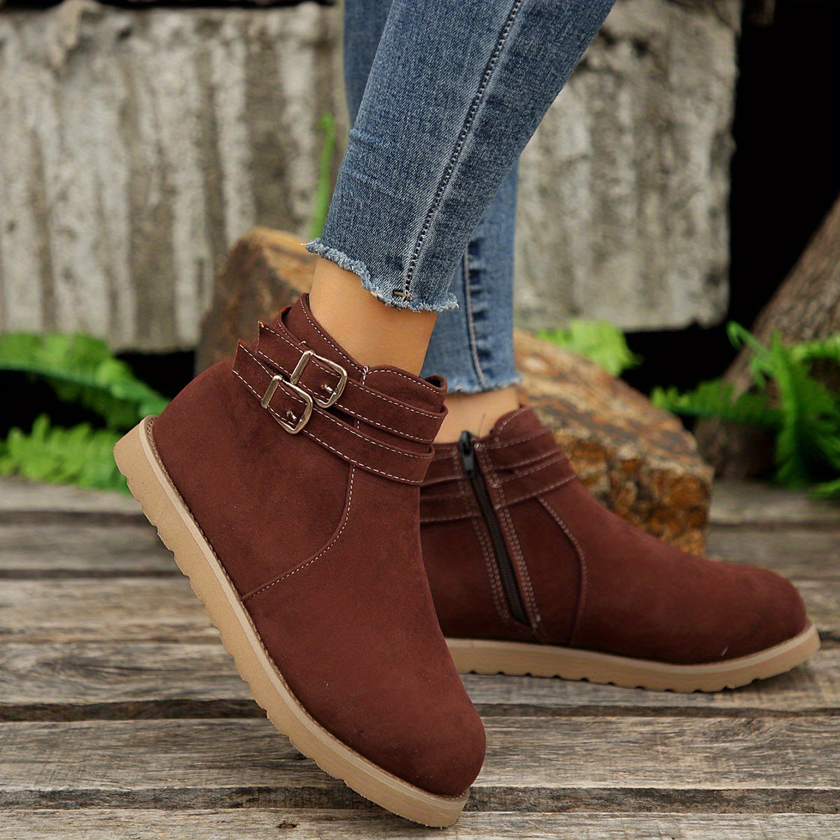 Women's Metallic Buckle Platform Boots with Side Zipper