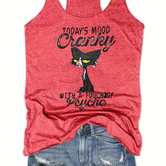 Cat & Letter Print Tank Top for Summer Women