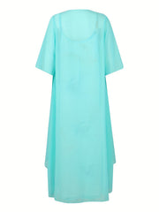Spring/Summer 2-Piece Set Solid Open Front Coat & Marble Print V-Neck Dress