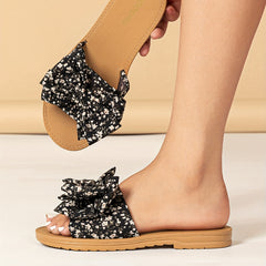 Flower Print Bowknot Decor Casual Slides PVC Flat Sandals