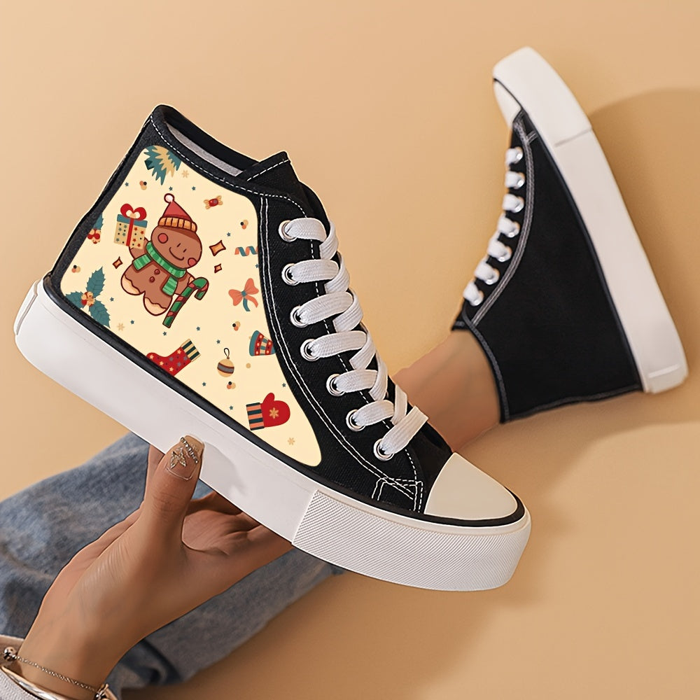 Christmas Cartoon Print Chunky Canvas Sneakers High Top Skate Shoes