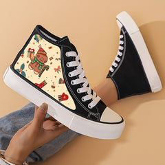 Christmas Cartoon Print Chunky Canvas Sneakers High Top Skate Shoes