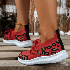 Leopard Printed Knit Sneakers Lace Up Round Toe Soft Sole Flatform Shoes
